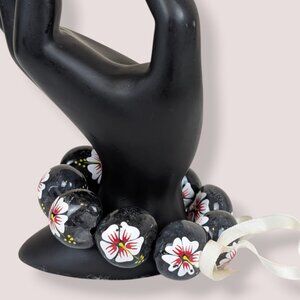 (2/$20) White & Red Floral Kukui Nut Stretch Bracelet